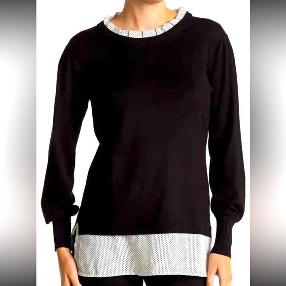 ADRIANNA PAPELL NWT Black White Polka Dot Ruffle Collar Layered Sweater Size M - Picture 1 of 1